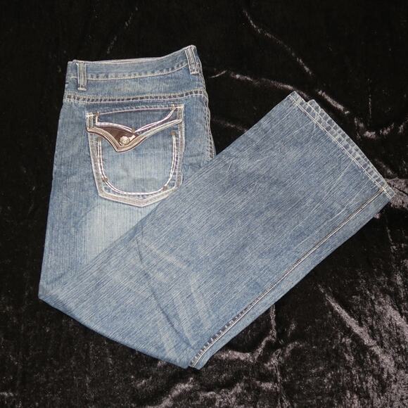 Mens Request Denim Jeans Embroidered 40x32 Leather Detail Back Patch Straight - Picture 3 of 14